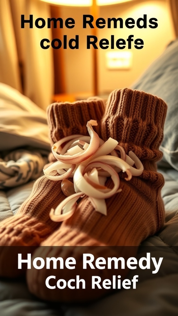 Socks with sliced onions on a bedside table, illustrating a natural remedy for cold symptoms.